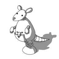 A robot kangaroo, with a banded tail, a separate head with a triangular, flat nose and two large, ellipse-shaped ears, banded arms with little claws on the hands and a big spring with a single, rounded foot on its underside. On its belly is a little pouch with a smaller version of the robot peeking from the top, sticking out its tongue.