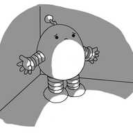 An ovoid robot with banded arms and legs and a zigzag antenna, standing in a shadowed corner with its hands held out, looking very sad.