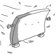 A flat, rectangular robot standing with its back to a violent gust of wind, with leaves billowing around. It has short, sturdy legs, little outstretched arms and a face with eyes screwed up with the effort of staying upright. Its body is being slightly bent by the force of the wind.