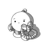 A spherical robot with banded arms and legs and an antenna. It has a banded tail looping from its rear, the end of which it's holding in one hand and looking down at quizzically.