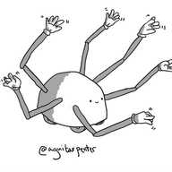 A dome-shaped robot with four wheels on its base and six long, jointed arms set along its side. All of its fingers are wiggling in anticipation.