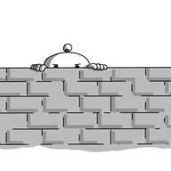 A round robot with an antenna, peering over a brick wall. Only the top part of it and its fingers are visible, and it seems to be frowning severely.
