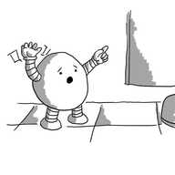 A round robot looking alarmed and waving frantically as it stands on a tiled floor. A door with significant clearance from the floor is visible and someone's shoe is just coming into frame. The robot is pointing upwards.