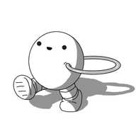 A spherical robot with banded legs, walking along cheerfully. A shiny hoop with roughly the same diameter as the robot itself pierces it on one side, held out horizontally.