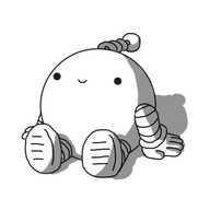 A spherical robot with banded arms and legs and a coiled antenna, sitting on the ground and smiling. Simple as that.