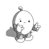 An ovoid robot with banded arms and legs and an antenna, counting up on its fingers and looking down doubtfully at them.
