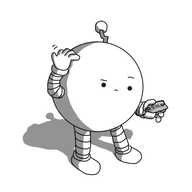 A spherical robot with banded arms and legs and a zigzag antenna, scratching its top and peering down in confusion at an attached price tag it's holding in its other hand. The tag reads "$100,000".