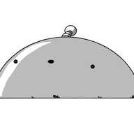 An enormous robot in the form of a vast, transparent dome, hemispherical in shape and sitting on a flat plain on which are various clusters of trees or possibly buildings. The robot/dome has a vacant, smiling face and an antenna on its top.