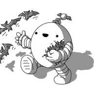 A happy ovoid robot with banded arms and legs and an antenna - the bobble of which has little bat wings on it - is walking along with an armful of wriggling bats as it throws three more into the air with its other hand.