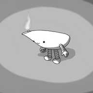 A robot in the form of a traditional South-Asian 'diya' oil lamp that has a rounded body and a spout-like protuberance towards the front in which the wick rests. The robot has banded arms and legs and a smiling face on the front, and the wick is lit by an orange flame that casts light all around in an otherwise darkened space.