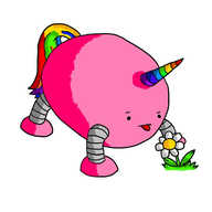 A pink, ovoid robot with four legs. It has a horn on its forehead, striped in rainbow colours and an equine tail in the same scheme. It's leaning over a daisy growing from the ground and making a confused face as it sticks out a little red tongue towards it.