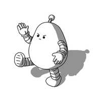 A little pear-shaped robot with banded arms and legs and an antenna. It's holding up one hand as if executing a karate chop while extending a leg in an awkward, horizontal kick. It has a small face with close-set eyes and looks angry or possibly just very determined.