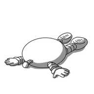 An ovoid robot with banded arms and legs and an antenna that has fallen over onto its face and is now splayed out on the ground.