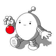 An ovoid robot with banded arms and legs and a zigzag antenna, making a sympathetic face and walking forward, proffering a red Christmas bauble.