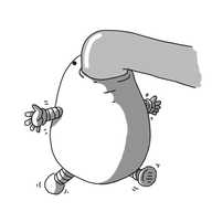 The nozzle of a tap, from which a robot is hanging by its mouth. The robot is amorphous, as if being filled with water, and it has little banded arms and legs that are waving back and forth.