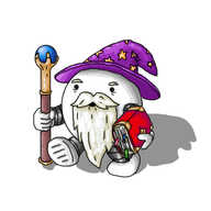 A spherical robot with banded arms and legs, a long, white beard, bushy eyebrows and a pointed, droopy hat with a wide brim, coloured purple and decorated with gold stars. The robot is carrying a thick tome bound in red with golden clasps and other details and little bookmarks protruding from between its pages in one hand, and a wooden staff topped with a golden, clawed hand that appears to be grasping a luminous blue sphere. Honestly, there's a lot going on here.