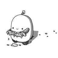 A round-topped robot with four wheels and banded arms. It's smiling and holding out both hands, in which it has cupped some vivid green slime. The slime is dripping through its fingers, pooling on the ground, and a trail of drips and splats has also been left behind the robot. It has an antenna with an end that is either covered in the same slime, or designed to look like it is.