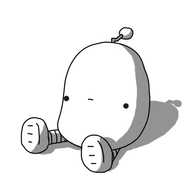 A slightly misshapen robot with a zigzag antenna and a vacant expression on its face. It's sitting on the ground, banded legs splayed out before it.