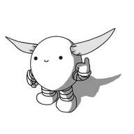 A round robot with banded arms and legs and very long, bovine horns emerging from its head. It is happily pointing up at the horns and smiling.