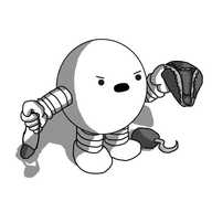 A spherical robot with banded arms and legs, angrily brandishing a tricorne hat in one hand while holding an eyepatch in the other. At its feet is a costume hook attachment to go over its hand.