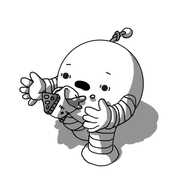 A spherical robot with banded arms and legs and an antenna with a knot in it. It's pictured in the process of dropping Teabot as it walks along, and both robots look alarmed as Teabot pitches forward, spilling its tea everywhere.