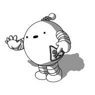 A spherical robot with banded arms and legs and a coiled antenna. It has a triangular sticker on its lower side with a skull and crossbones symbol on it, to which the robot is pointing while holding out its other hand in warning.