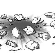 Fragments of robot scattered across the ground, including a banded leg that is spinning on one edge, about to tip over, the bobble of an entanna also spinning and various curved and broken pieces of casing, as well as numerous workings, wires and other robotics. In the centre is a dark smudge from the explosion, and one nearby piece of casing has the robot's face on it, looking annoyed.