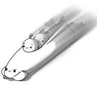 A robot in the form of a bonsleigh, with a determined face on its front. There are four Bobbots riding in it, with various facial expressions: the one at the front looks happy, but perhaps a bit apprehensive, the one behind looks worried, the one behind that is wailing in terror, and the one at the back has its eyes screwed shut and a zigzag mouth. The whole image has had motion blur added, so it appears to be traveling very fast.