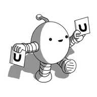 A round robot with banded arms and legs and an antenna, cheerfully holding up two cards, each with a large letter 'U' on them.