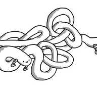 An enormously long, smooth robot, twisted and tangled up but looking quite happy about it. It has little arms at the front and little legs at the very end.