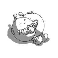 Two ovoid robots with banded arms and legs and antennae, lying down and happily cuddling each other with their eyes closed.