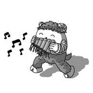 An ovoid (not Ovid) robot in the form of a classical Greek satyr (or Roman faun - from which the goat features originate). It has banded arms, its lower half is furry, it has cloven feet, a little tail and a mop of curly hair on its head, from which protrude a pair of curling, banded horns. It's dancing along with its eyes closed, playing a set of Pipesbots: six hollow cylindrical robots with dangling legs on their undersides, arranged like a set of panpipes.