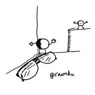 Two little round robots, one standing by a pair of glasses in a nook, one across a gap on a counter, happily waving at each other.