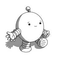 A round robot with banded arms and legs and an antenna. It's walking forward, holding out its hands, smiling hopefully.