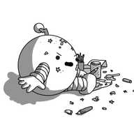 A spherical robot with banded arms and legs and a zigzag antenna. It's sitting on the ground, surrounded by various arts and crafts materials - felt tip pens, paper, a pot of glitter, a cup full of stationary items, elbow macaroni, sticky stars, glue or paint - some of which has also become stuck to its face. It's in the process of turning around to camera, looking very angry about being disturbed.