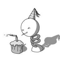 A spherical robot mounted on spring with a round foot at the bottom. It's wearing a party hat and blowing out a candle on top of a little cupcake with all its might.