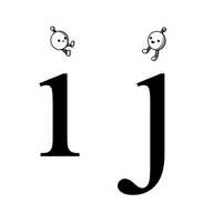 A lower-case 'i' and 'j' in times new roman font, with the dots (tittles) on the top replaced by spherical robots with banded legs and antennae. They robots are looking across at one another, smiling happily.