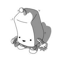 A robot shaped like a rounded cuboid stood on its end. It has four banded legs on its underside, two banded arms and an antenna. The robot's smiley face is near the bottom of its body, which is slumped slightly over and jiggling as if made of some kind of gelatinous material.