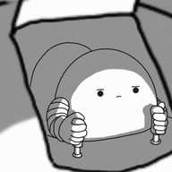 A GIF showing a round robot with banded arms sitting in the cockpit of a vehicle, operating two joysticks with a serious expression on its face. The view zooms in, and a hatch opens on the robot's forehead, revealing the same view of the robot inside, which zooms in again, over and over and over and over.