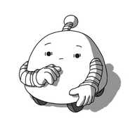 A round-topped robot with four wheels on its underside, an antenna and two banded arms. It's holding one hand to its chin and has a shocked, faintly disturbed expression on its face.