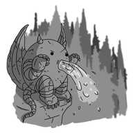 An ovoid robot with banded arms and legs, a banded tail, little horns and folded, membranous wings on its back. Its fingers and toes are little claws and every part of it has the texture of stone. It's squatting on a chunk of masonry, hands raised menacingly, with an angry look on its face as its open mouth spews a gout of water. In the background loom ranks of gothic spires and buttresses.