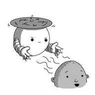 A spherical robot with banded arms, held aloft by a propeller on its top. The robot is hovering near a person's head, wiggling its fingers and causing lines of some kind of energy to travel from the person to itself. The person looks pleasantly surprised, while the robot looks very determined.