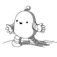 A round topped robot with banded arms and legs and a zigzag antenna, cheerfully ascending a flight of stairs.