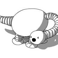 A robot in the form of a sauropod dinosaur. It has a long banded neck curled around its ovoid body, and is round head is angrily shouting at something.