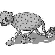 A robot cheetah, consisting of a long, ovoid body and a spherical head, connected by a short, banded neck. It has four long, banded legs and a tail, round ears, curving, vertical lines under its eyes that frame its muzzle, protruding whiskers and little pointy fangs in its mouth. Its tongue is lolling out as it pads along. Also it is very dotty.