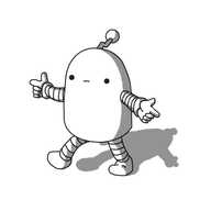 A round-topped robot with banded arms and legs and a zigzag antenna. It's lifting one leg and pointing with both hands in a half-hearted dance, with a completely neutral expression on its face.