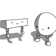 Two robots, one of which is shaped like a cuboid resting on its long side and the other of which is spherical. Both have jointed legs and the cuboid one is jumping in the air while the spherical one is squatting, preparing to jump. Both robots looks happy, and the cuboid one has its eyes closed.