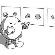 A spherical robot with banded arms and legs and an antenna, rubbing its chin and pointing at a wall of illustrations of human noses, seemingly deep in thought.