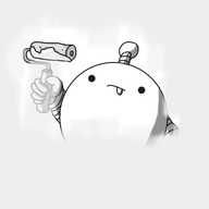 A round robot with banded arms and an antenna, wielding a paint roller. It's painting the screen, and much of the frame is obscured in pale grey paint already applied. Only the robot's face and arms are visible and its tongue is sticking out as it concentrates.