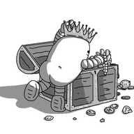 A bean-shaped robot with banded arms and legs leaning over a large treasure chest made of wooden planks and bound with metal edging on each of its surfaces. Treasure - booty - in the form of coins, gems, a sceptre, jewellery, etc. is spilling out of the chest and the robot is smiling as it handles a pearl necklace and dons a shining crown. Also, the robot has inexplicably prominent buttocks.